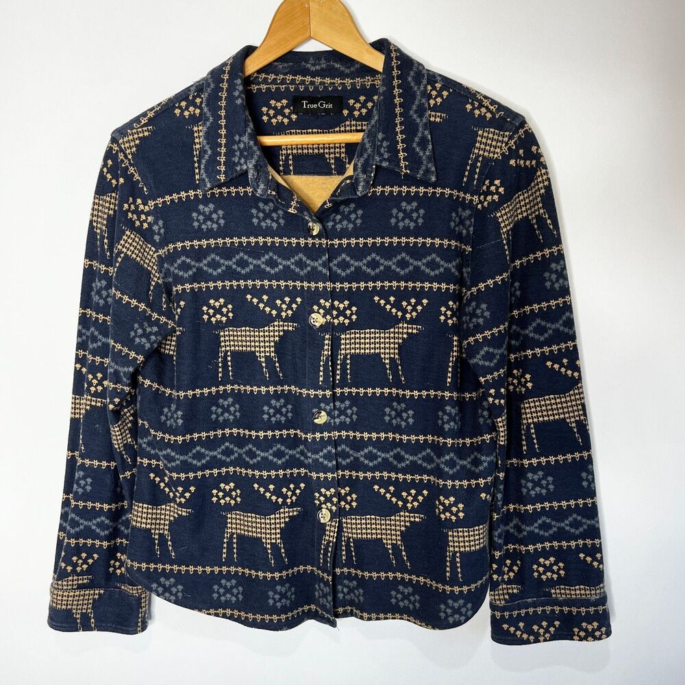 True Grit Blazer Jacket Moose Knit Button Up Blue cabincore woodsy Women's S M